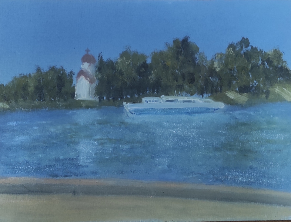 Кораблик на р.Великой. Холст на картоне/масло, 40*30 см, 2023