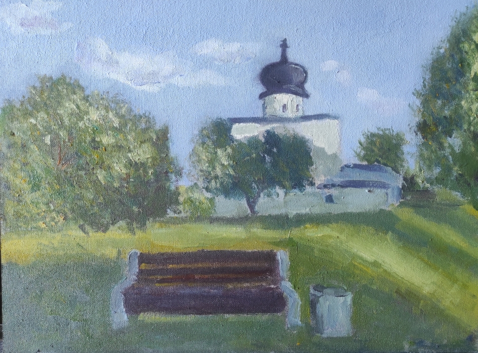 Псков. Храм "Богоматери с Пароменья". Холст на картоне/масло, 40*30 см, 2023
