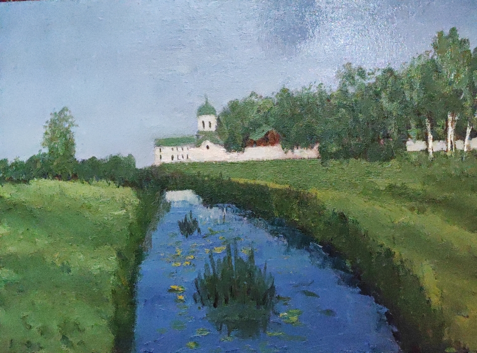 Псков. Вид на Мирожский монастырь со стороны р.Мирожки. Холст на картоне/масло, 40*30 см, 2023